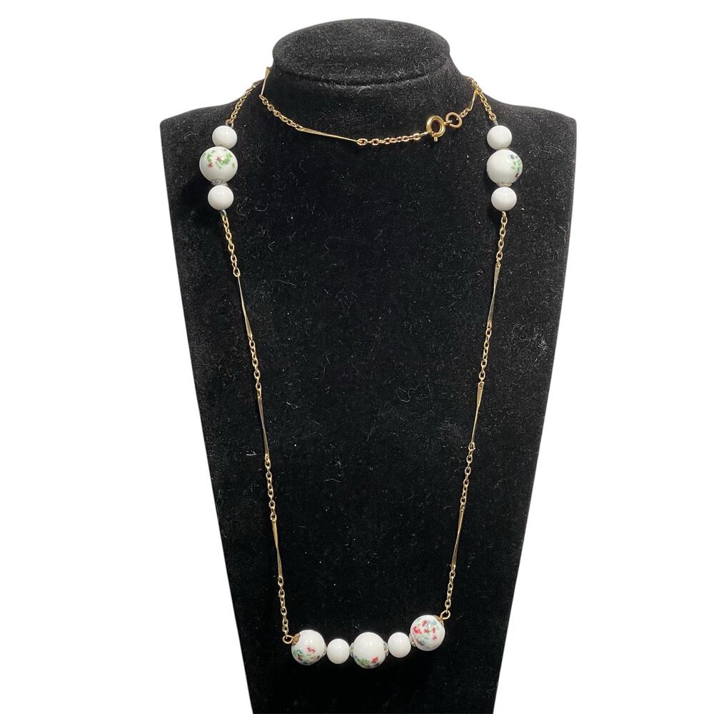 Hand Painted Milk Glass Beaded Necklace Gold Tone Chain 26"